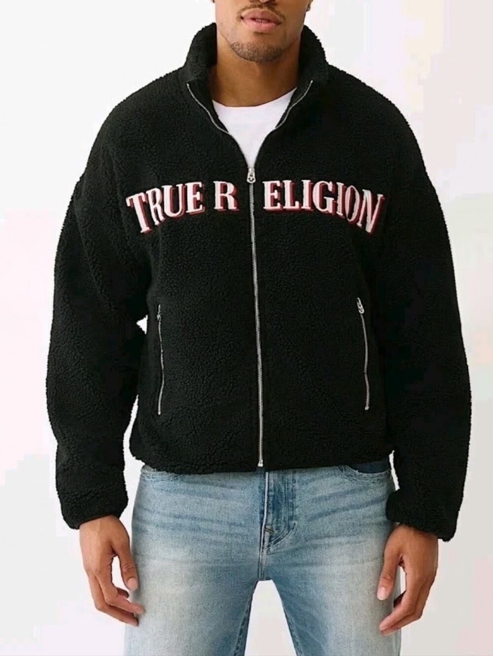 NWT True Religion Sherpa Logo Jacket Full Zip Black